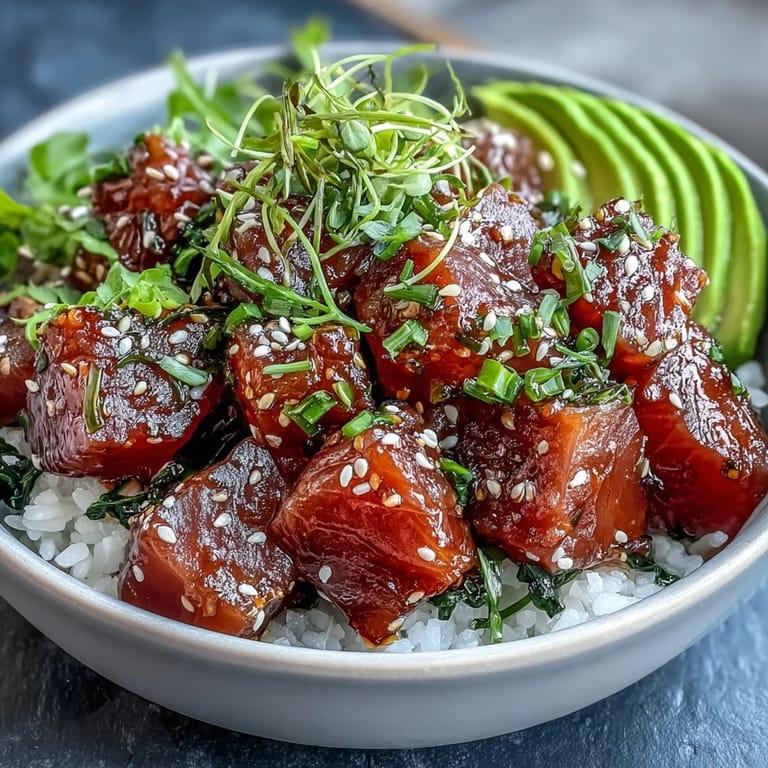 Enjoy this colorful, refreshing Spring Tuna Poke Bowl with perfectly seasoned rice and vibrant garnishes.