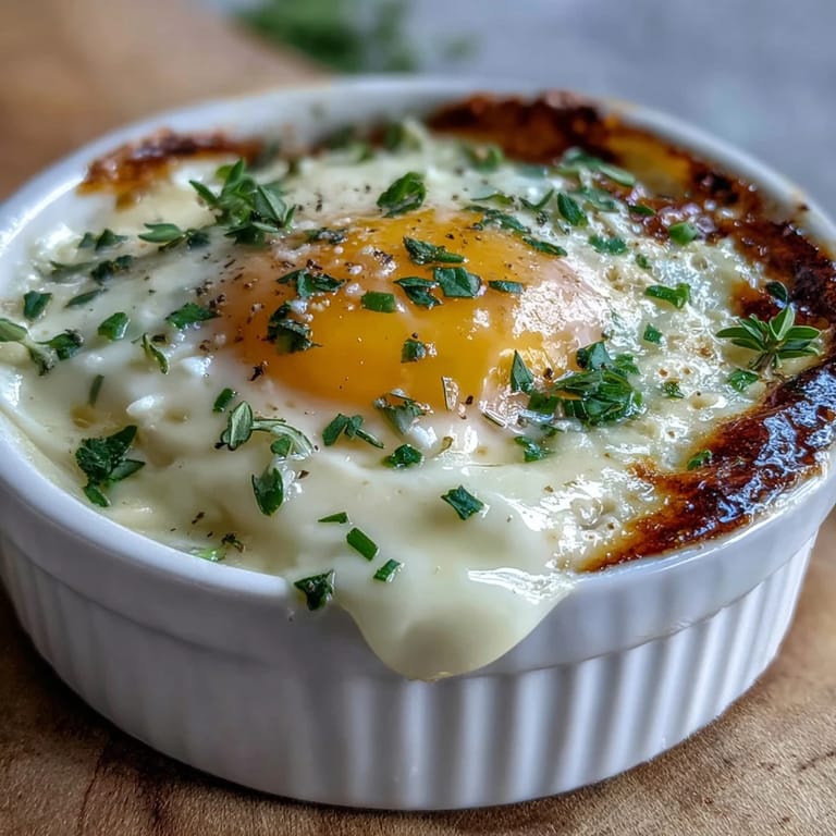 Elegant Easter Eggs en Cocotte, a rich, cheesy baked egg dish perfect for brunch.