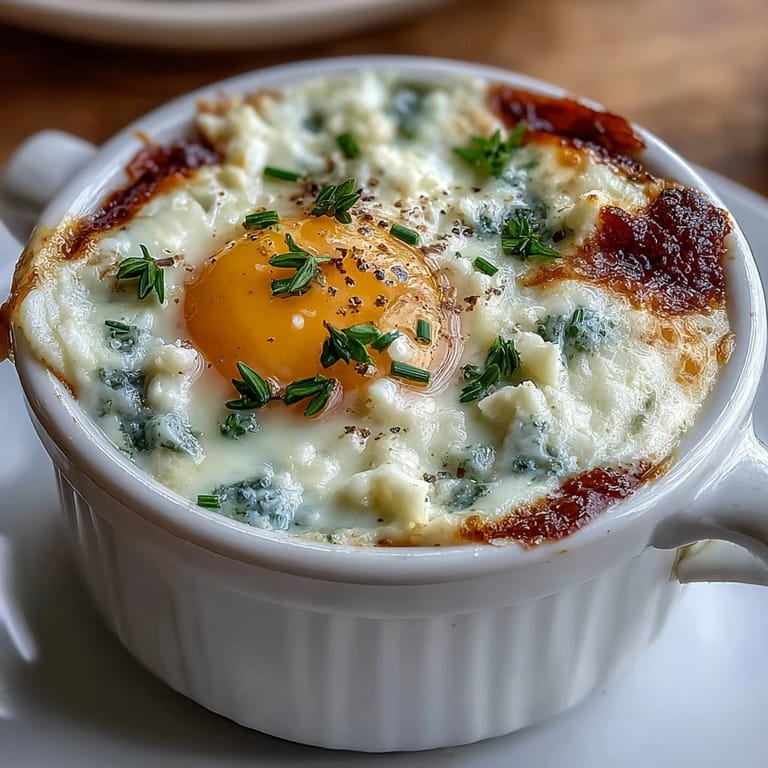 Delicate Easter Eggs en Cocotte featuring vibrant chives and parsley in a savory custard.