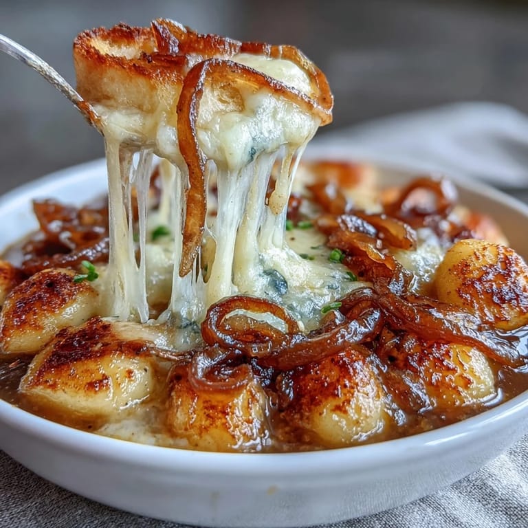 Comforting Gnocchi French Onion Soup with toasted crusty bread topping.