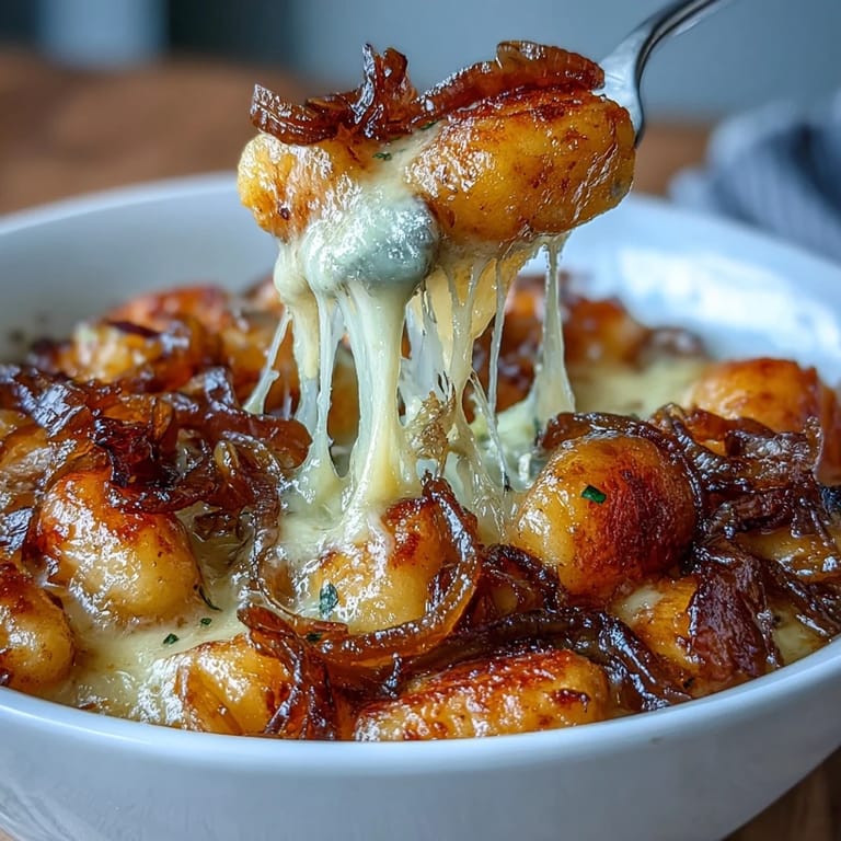 Rich caramelized onion broth in Gnocchi French Onion Soup, bubbling Gruyère.