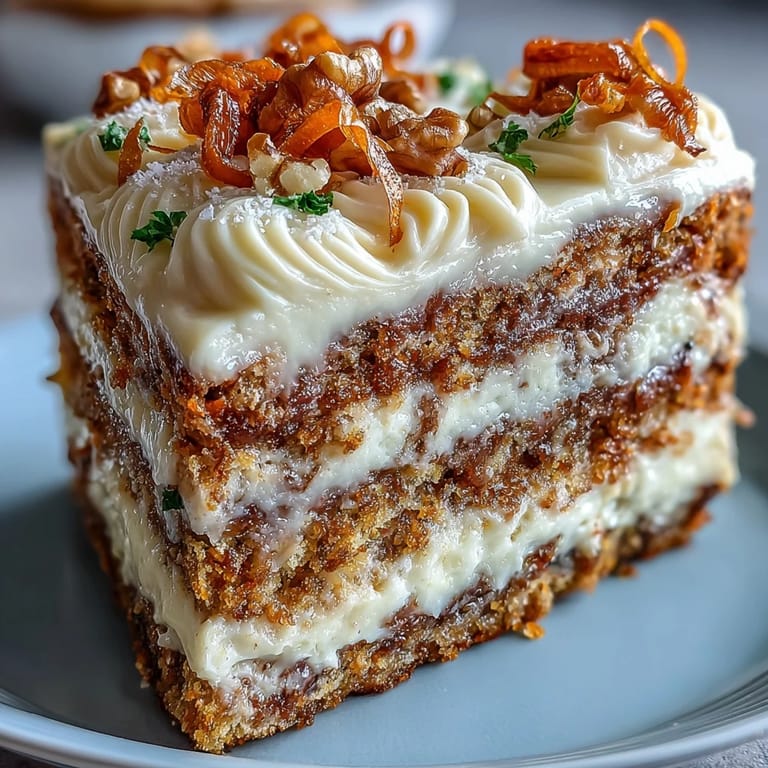 Generously frosted Easter Carrot Cake, a festive centerpiece topped with spun sugar carrots.