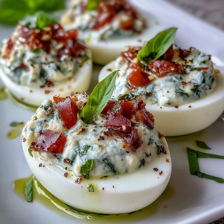 Artfully prepared Caprese deviled eggs, a delightful Italian-inspired appetizer for any gathering.