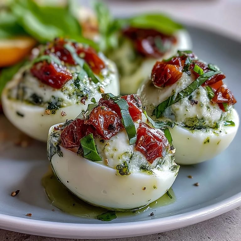 Creamy Caprese deviled eggs topped with vibrant basil oil and diced tomatoes.