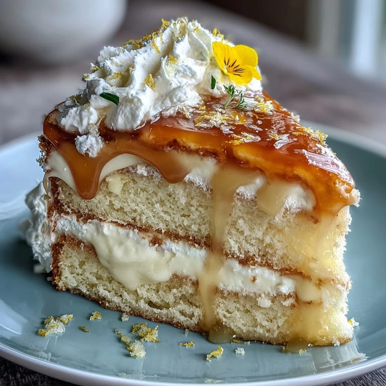 Elegant Mother's Day Lemon Curd Layer Cake adorned with a crown of beautiful blossoms.