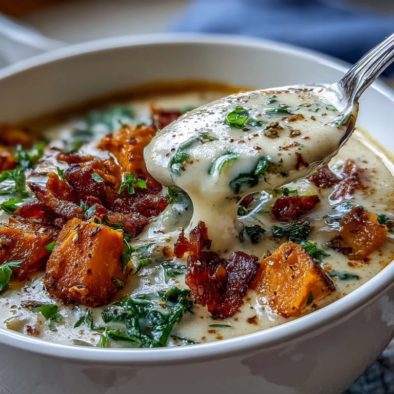 Close-up of steamy Smoky Sweet Potato Chowder with kale.