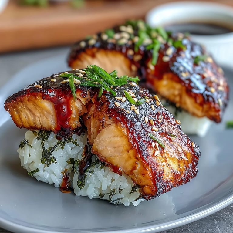 Savory grilled salmon onigiri, a popular rice snack with a delightful sear.
