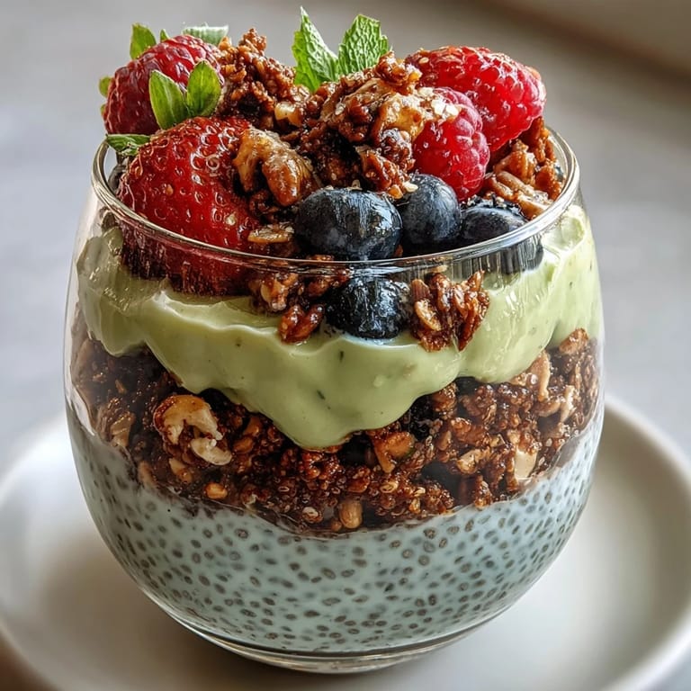Creamy, layered Fiber-Rich Avocado Chia Pudding Parfait offering a healthy sweet breakfast treat.