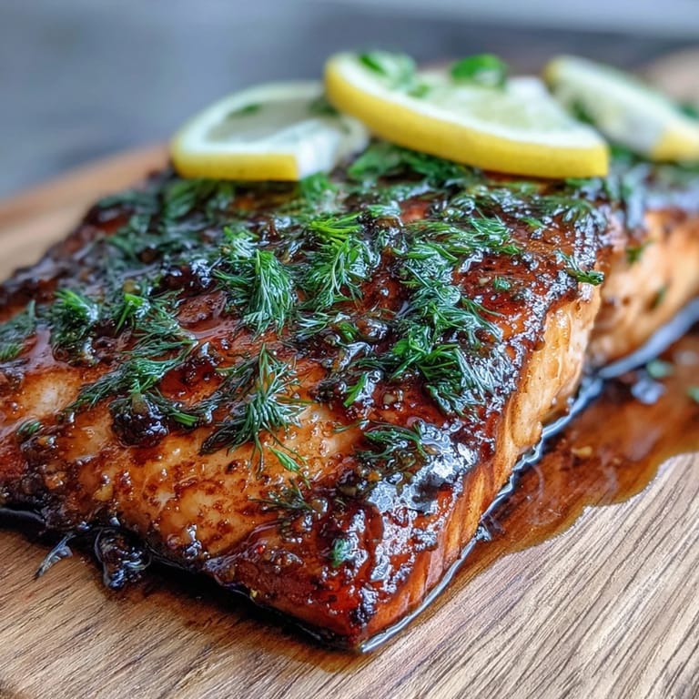 Close-up of tender cedar plank salmon, brushed with sweet, tangy glaze, garnished with dill.