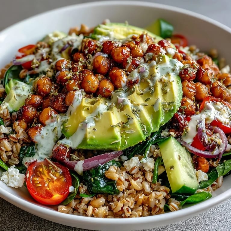 Hearty Ancient Grains Bowl packed with crisp vegetables and wholesome chickpeas, ready to enjoy.