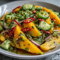 Bright strips of ripe mango mingle with crisp red bell pepper and cucumber in this Refreshing Mango Salad, tossed in a zesty lime-honey dressing flecked with fresh cilantro.  