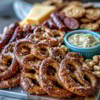 Game Day Baseball Snack Board with Pretzels and Dips on a rustic wooden platter, featuring soft pretzel bites, beer cheese dip, and colorful veggie sticks.