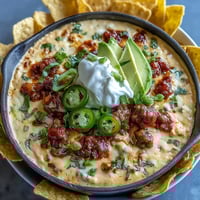 Cinco de Mayo Loaded Queso Dip with chorizo, pico de gallo, and jalapeños, served warm with crispy tortilla chips.