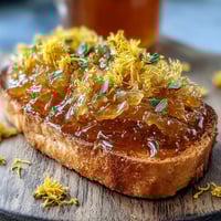 Vibrant dandelion jelly with fresh lemon and honey, perfect for springtime toast or yogurt topping. A golden, floral spread with a zesty citrus note. Bright yellow dandelion jelly, made with fresh lemon and honey, ready to be spread on warm bread or scones. A sunny, sweet preserve with a delicate floral aroma. Golden dandelion jelly infused with fresh lemon and honey, offering a sweet and tangy taste for your morning toast or afternoon tea.