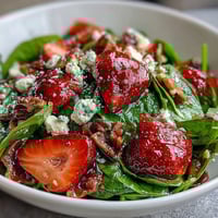 Vibrant spring strawberry spinach salad with creamy goat cheese, candied pecans, and tangy balsamic vinaigrette.