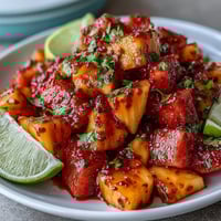 Vibrant mango, pineapple, and watermelon cubes with zesty lime and chili seasoning in colorful fruit cups.