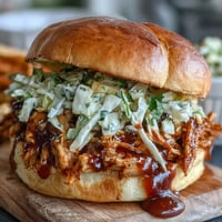 Juicy pulled BBQ chicken piled high on soft buns with tangy coleslaw and smoky barbecue sauce.  