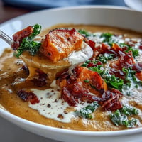 Hearty Smoky Sweet Potato Chowder topped with crispy pancetta.