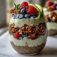 Rich Fiber-Rich Avocado Chia Pudding Parfait with fresh berries and crunchy granola.