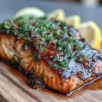 Cedar plank salmon with maple Dijon glaze, glistening and smoky from the grill.