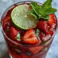 A close-up of Fricy Strawberry Chili Limeade Mocktail, bursting with fresh fruit and zesty lime.