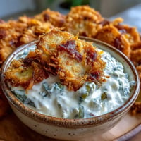 Creamy Fried Pickle Dip, topped with golden, crispy fried pickles, ready for dipping.